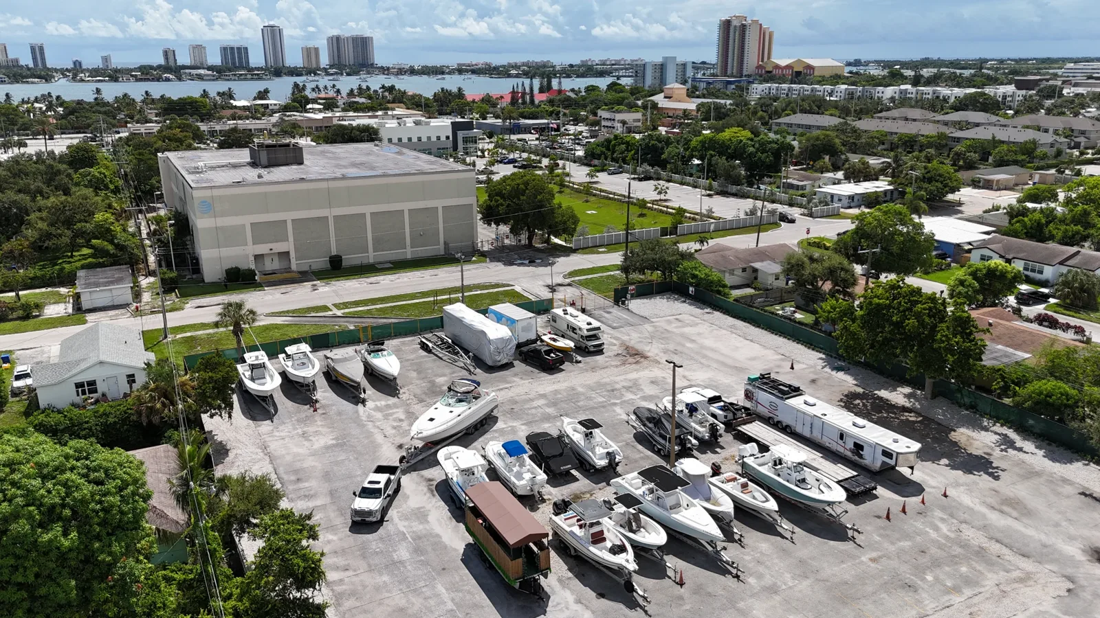 Qualcon Spaces Riviera Beach — aerial view of the boat & trailer parking lot with the Intracoastal beyond
